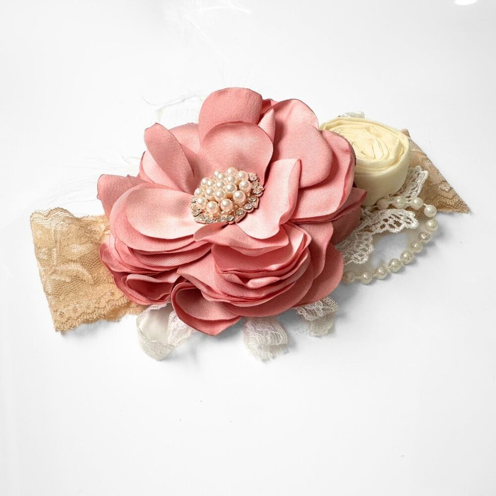 NWT Pretty Baby Vintage Inspired Girls Headband Floral Beaded Lace Blush Pink OS